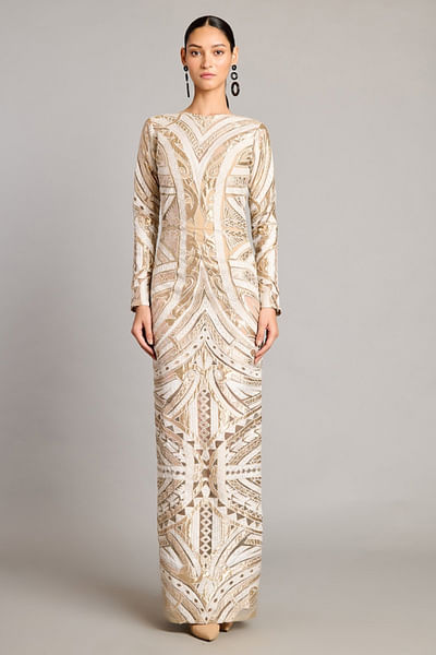 Ivory and gold appliquéd gown