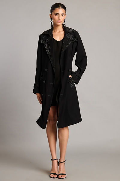 Black crystal embellished trench coat