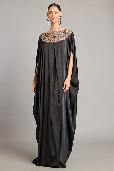 Black zari embroidered satin kaftan