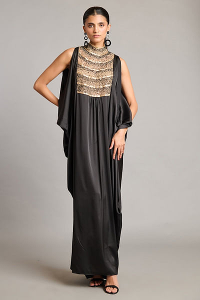 Black gradient embellished satin kaftan