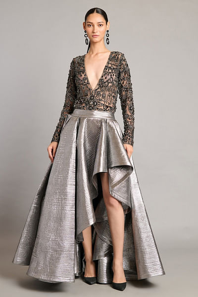 Gunmetal quilted asymmetric skirt