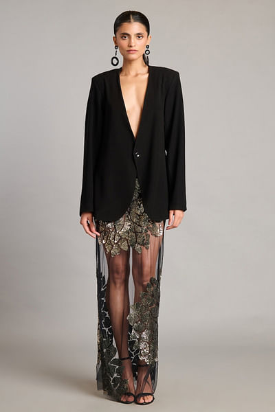 Black floral 3D sequin embroidered skirt