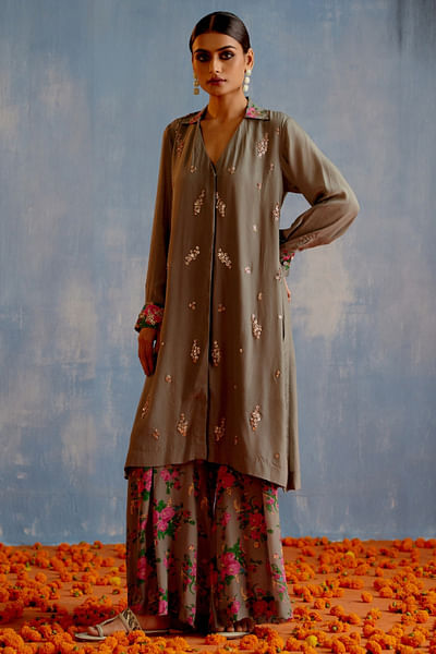 Grey embroidered long shirt and flared pants