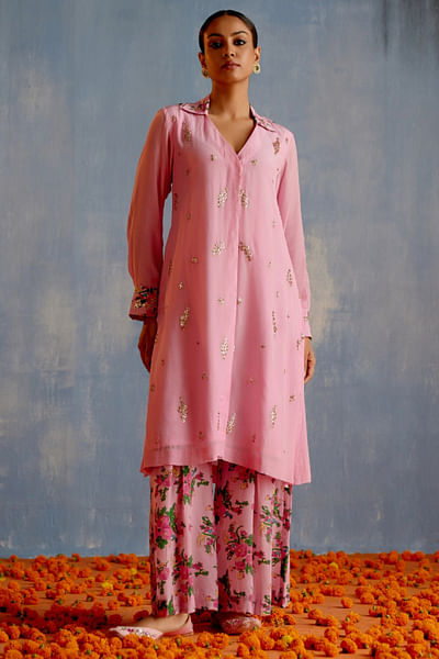 Pink embroidered long shirt and flared pants