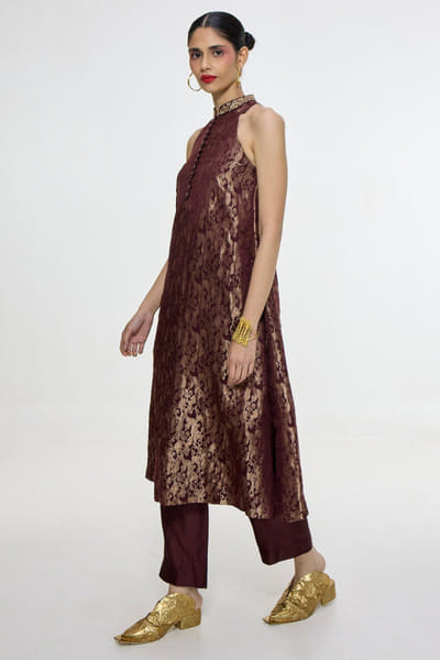 Brown woven satin silk kurta set