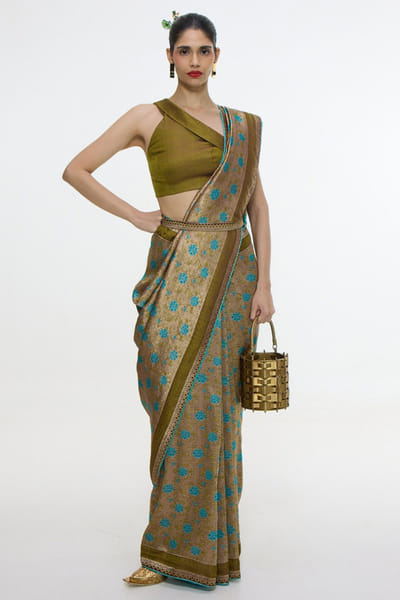 Olive green banarasi embossed sari
