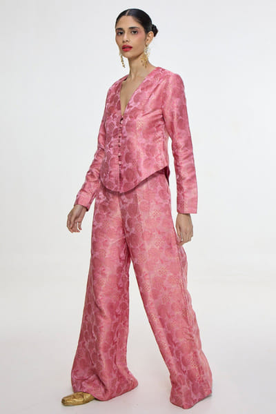 Pink handwoven banarasi tanchoi jacket set