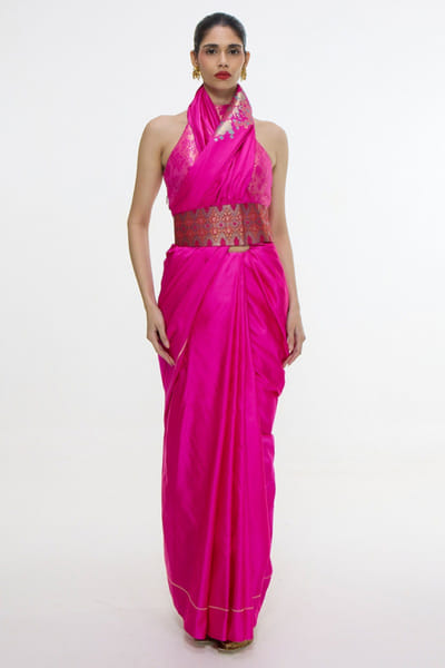 Fuchsia woven satin silk sari