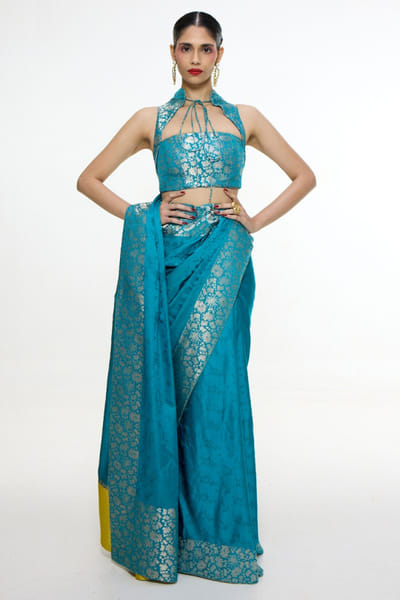 Blue woven satin silk sari set