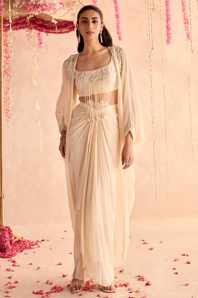 Ivory embellished cape and skirt set