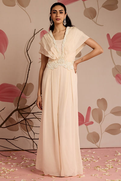 Ivory embellished draped jumpsuit
