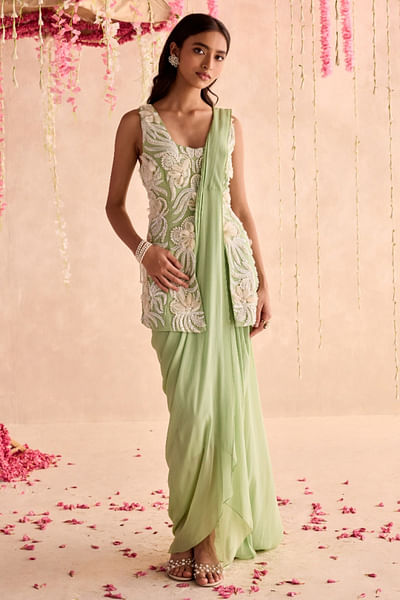 Mint green pre-draped sari set