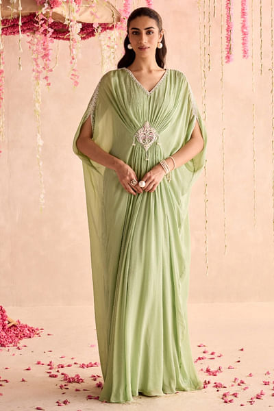 Mint green embroidered draped kaftan