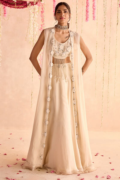 Ivory embellished jacket and lehenga set