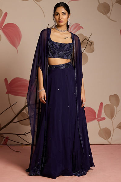 Midnight blue embellished cape set