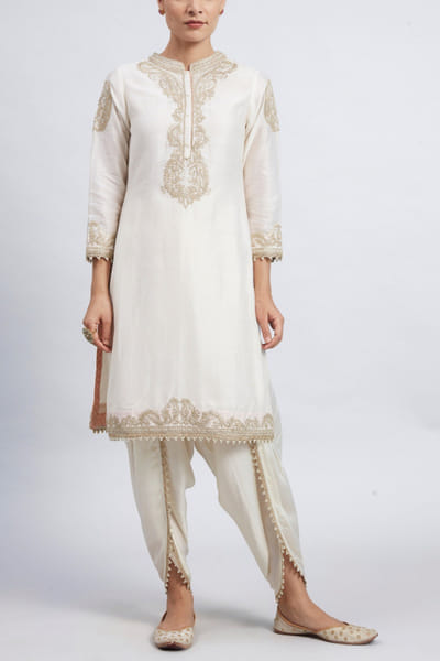 Ivory embroidered kurta and dhoti set