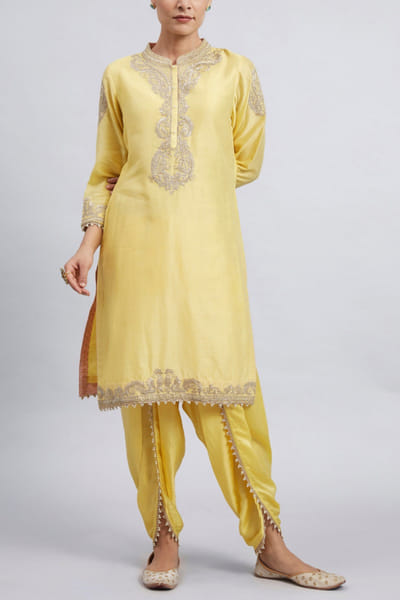 Yellow embroidered kurta and dhoti set