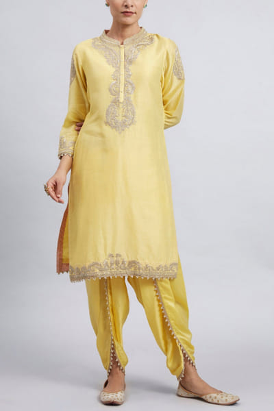 Yellow embroidered kurta and dhoti