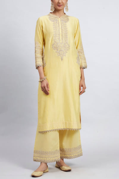 Yellow embroidered kurta and palazzos