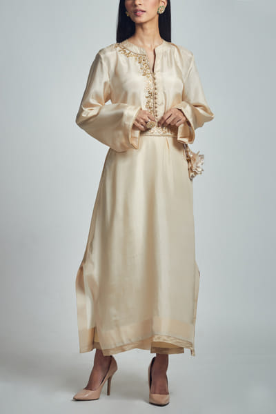Beige habutai silk kurta