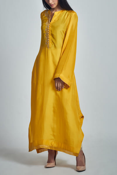 Mustard yellow habutai silk kurta