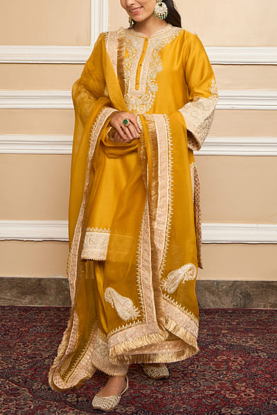 Glaze mustard embroidered kurta set