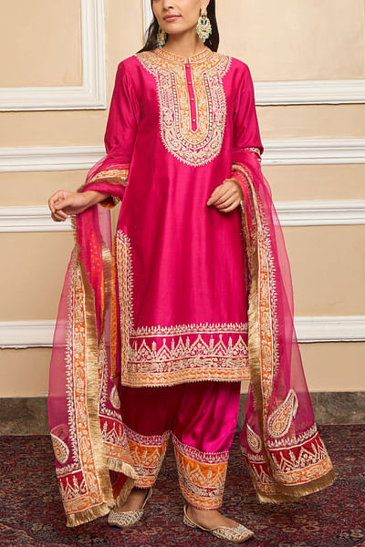Hot pink embroidered kurta set