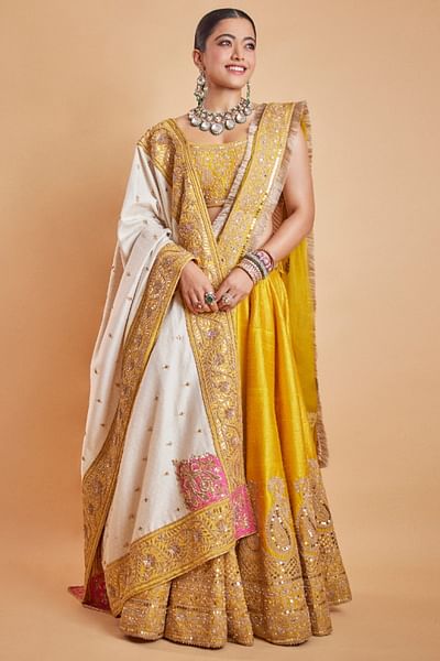 Glaze mustard paisley embroidery lehenga set