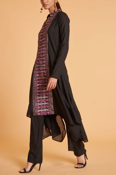 Black and purple embroidered drape kurta set