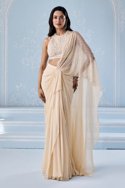 Seema Thukral Ivory aari hand embroidered pre-drape sari set SEEMJUN26D147797