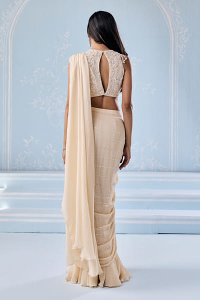 Seema Thukral Ivory aari hand embroidered pre-drape sari set SEEMJUN26D147797