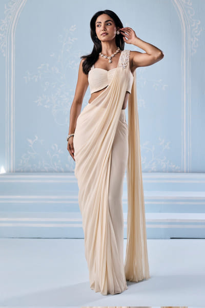 Seema Thukral Ivory aari hand embroidered pre-drape sari set SEEMJUN26D147800