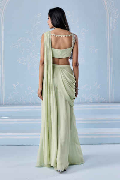 Seema Thukral Mint aari hand embroidered pre-draped sari set SEEMJUN26D147809