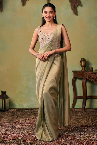 Seema Thukral Gold and sage aari hand embroidered sari set SEEMJUL26D150947