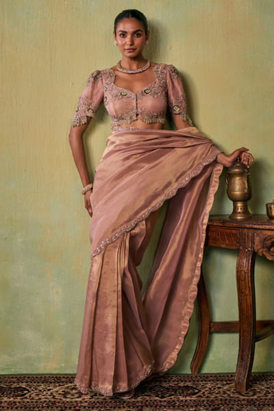 Seema Thukral Rose gold hand embroidered pre-drape sari set SEEMJUL26D150936