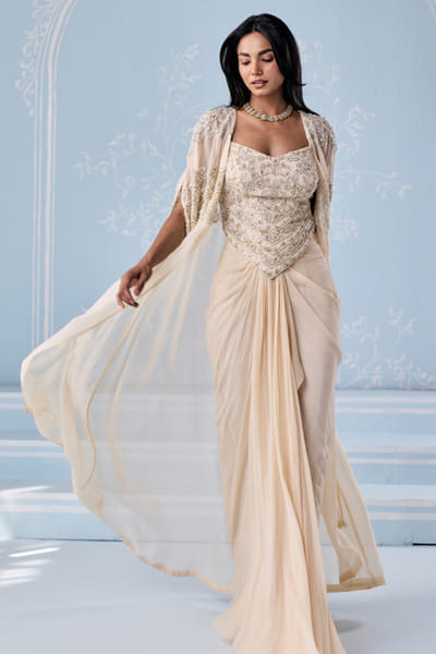 Seema Thukral Ivory aari hand embroidered cape and skirt set SEEMJUN26D147802