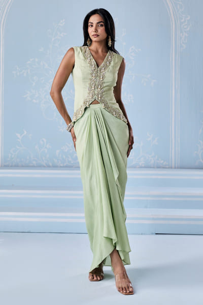 Seema Thukral Mint aari hand embroidered draped skirt set SEEMJUN26D147806