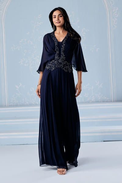 Seema Thukral Navy aari hand embroidered pleated jumpsuit SEEMJUN26D147815