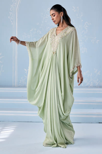 Seema Thukral Mint green aari hand embroidered kaftan SEEMJUN26D147808