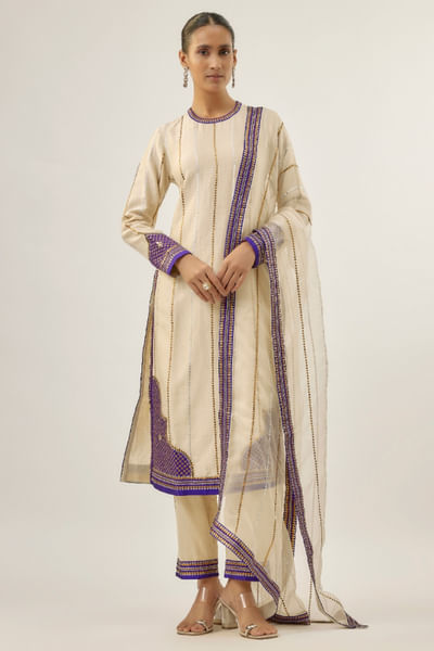 Ivory and violet embellished kurta set