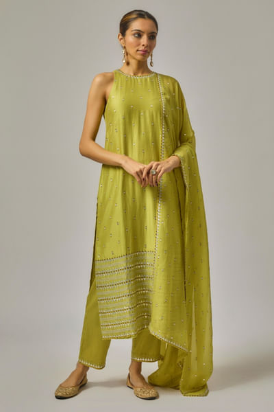 Pistachio green hand embroidered kurta set