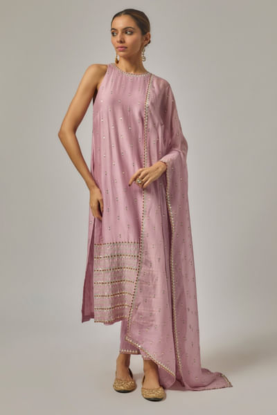Muted lilac hand embroidered kurta set