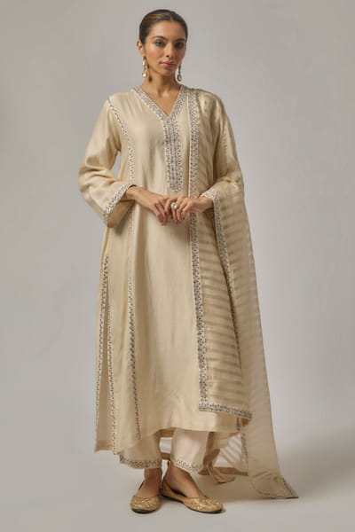 Ivory gota patti and zari embroidery kurta set