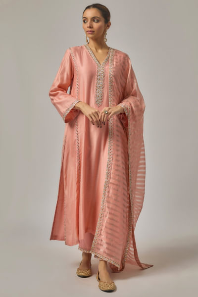 Peach gota patti and zari embroidery kurta set
