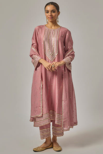 Onion pink hand embroidered kurta set