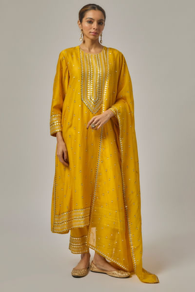 Mango yellow hand embroidered kurta set