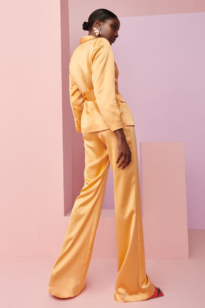Khushboo & Pankaj Marigold yellow satin blazer set KHUSAPR26D143306