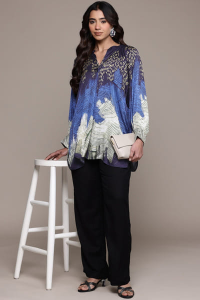 Blue abstract printed viscose dobby top