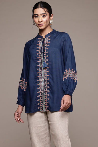 Blue thread embroidered top
