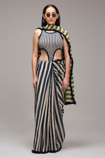 Off white stripe printed sari